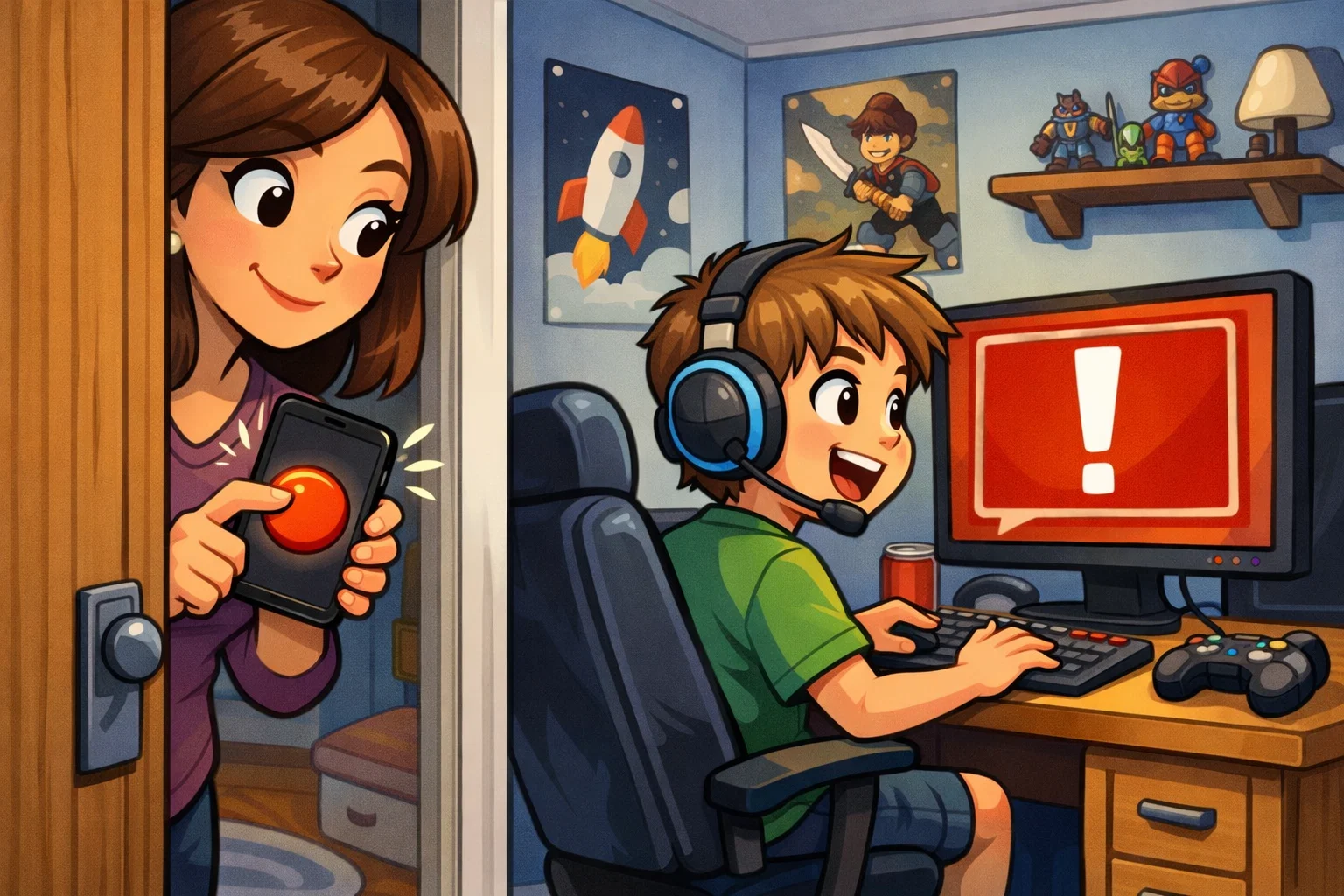 A parent uses the ShoutMe phone button while a child at a PC receives the alert.